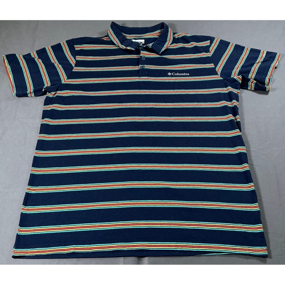 Columbia Mens Striped Polo Shirt Navy Blue Short Sleeve AO8792 Size Large